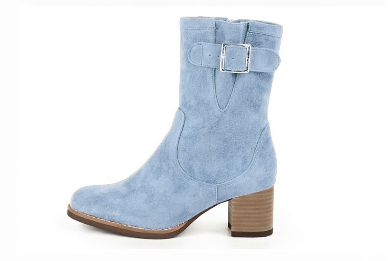 Classic leather ankle boots featuring adjustable side buckles and sleek hardware for secure support and timeless everyday style, in sky blue leather with round toe and mid block heel - Florence KOOIJMAN